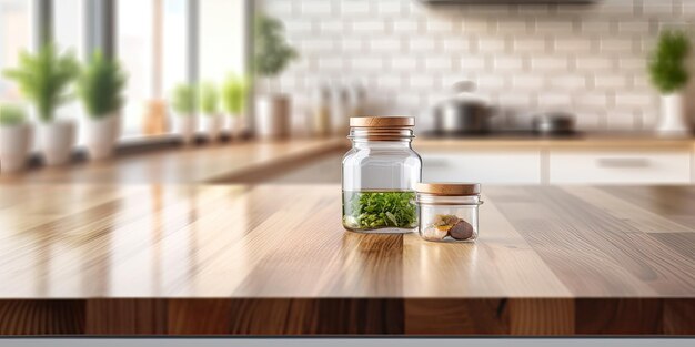 Photo product displayed on modern kitchens blurred background and empty wooden table