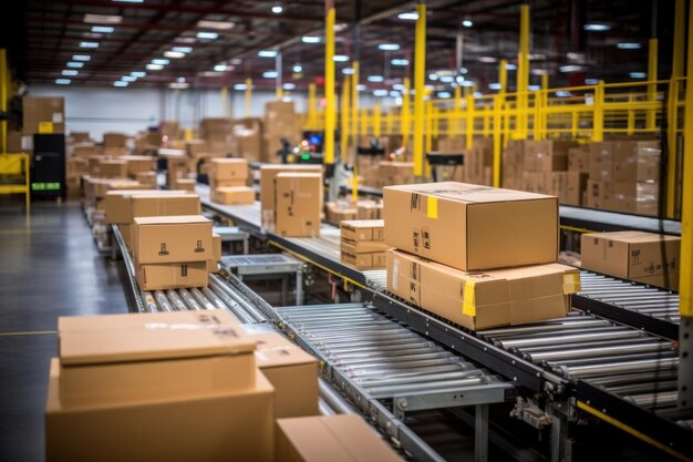 Завод по производству продуктов с автоматической упаковкой картонных ящиков на конвейерной ленте в центре склада