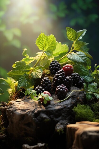 product forest background with berries and rocks