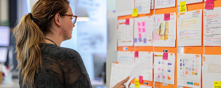 Photo a product manager reviewing user story cards at a shared workspace discussing design iterations