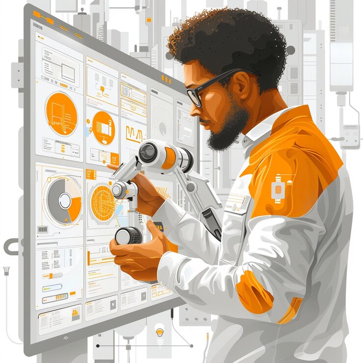 Photo product manager system administrator in a it illustration