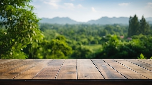 product mock up wooden table in green garden