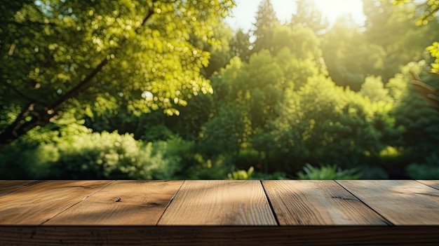 product mock up wooden table in green garden