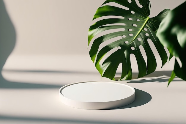 For product overlay realistic An empty white circular table surrounded by tropical monstera plants