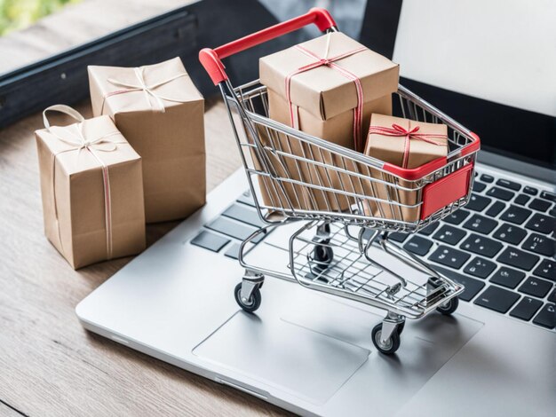 Product package boxes and shopping bag in cart with laptop computer which web store shop on screen f