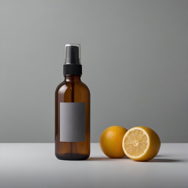 Photo product packaging an ambercolored bottle with a spray top is placed next to a sliced orange