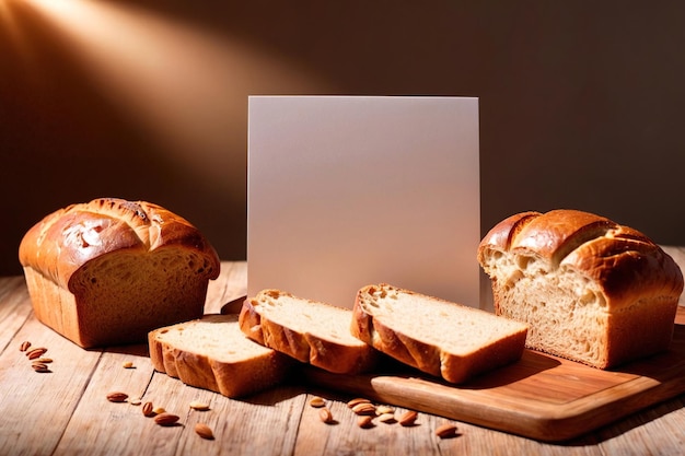 Photo product packaging mockup photo of bread with blank white card studio advertising photoshoot