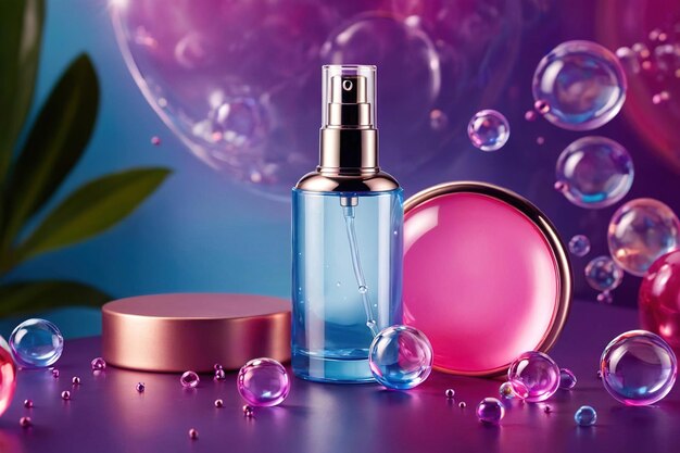 Photo product packaging mockup photo of cosmetic essence liquid with molecule inside bubble cosmetic prod