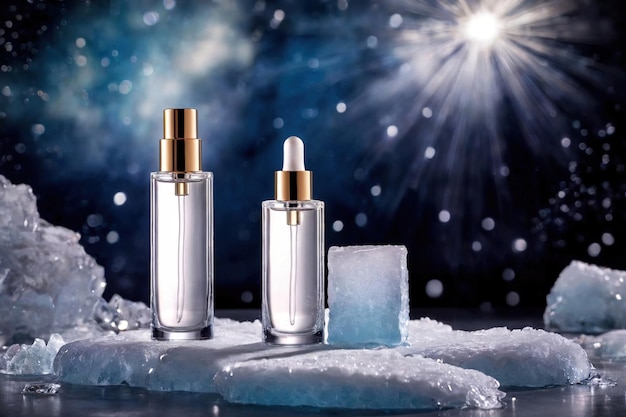 Photo product packaging mockup photo of empty serum or perfume packaging in cold areas for product present