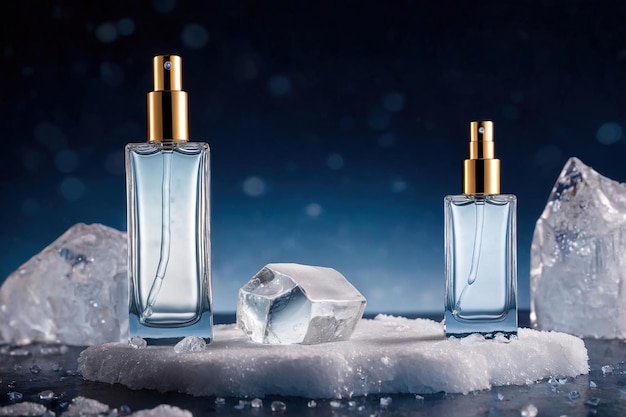 Product packaging mockup photo of Empty serum or perfume packaging in cold areas for product present
