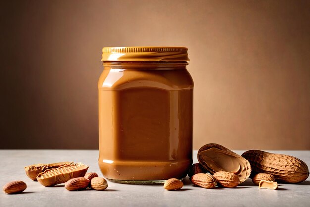 Product packaging mockup photo of Jar of peanut butter studio advertising photoshoot