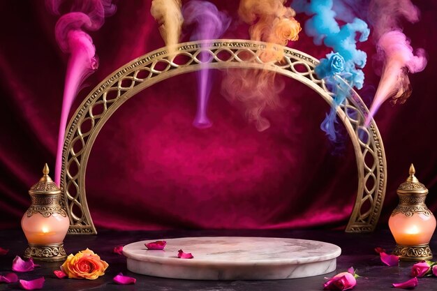 Foto fotografia modello di imballaggio del prodotto di una lampada magica con fumo colorato, servizio fotografico pubblicitario in studio