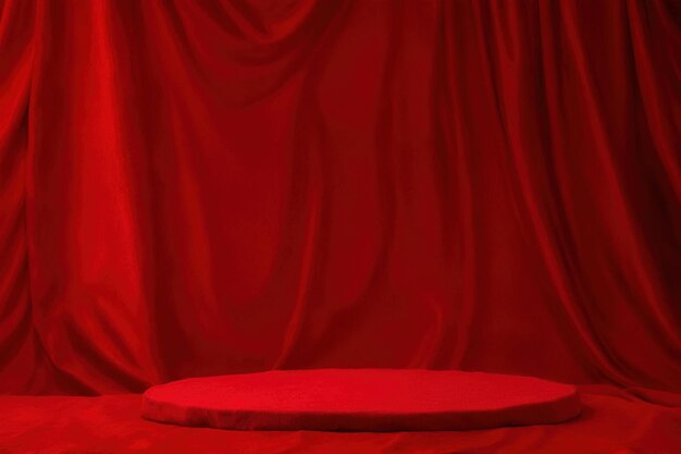 Photo product packaging mockup photo of stand for displaying products with a flowing red cloth its a scen