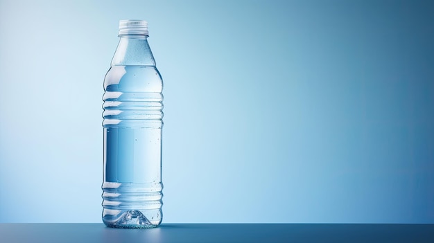 Фото Упаковка продукта из пластиковой бутылки с водой на синем фоне