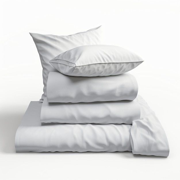 Фото продукта со сложенным постельным бельем и подушками на белом фоне