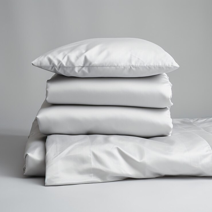 Photo product photo of a folded bedding set and pillows white background