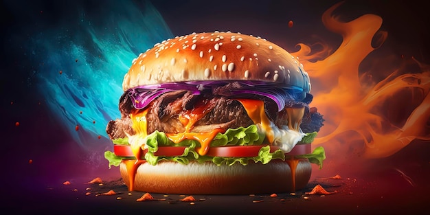 Фото продукта «Самый вкусный гамбургер на ярком фоне ресторана»