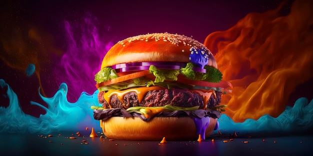 Product photo of Most delicious Hamburger in vividcolor background restaurant background