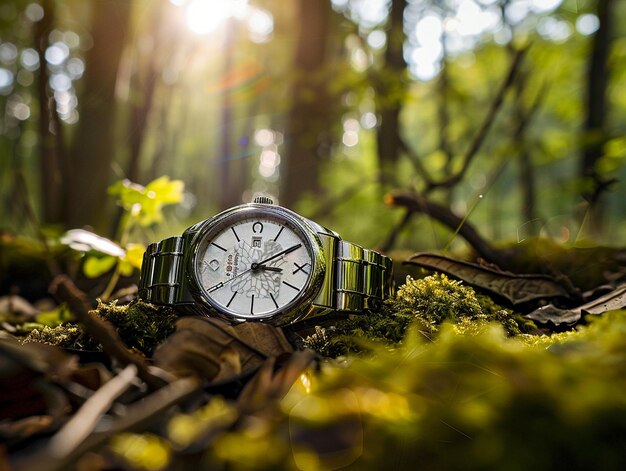 Foto fotografia di un orologio da braccio in una foresta
