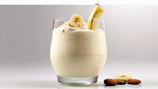 색 배경으로 유리잔에 담긴 바나나 밀크 이크의 제품 사진