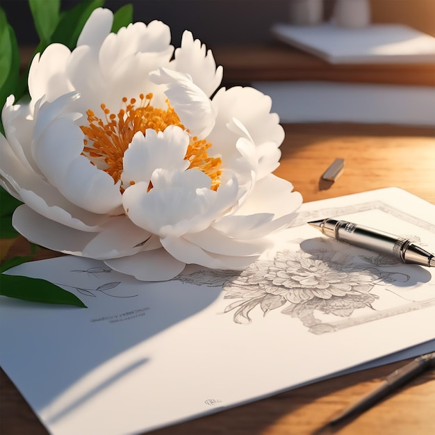 Photo product photography beautiful white peony flower scene on the desk sunlight shines in from