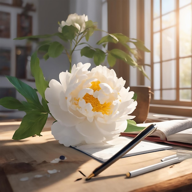 Product Photography Beautiful White Peony Flower Scene On The Desk Sunlight Shines In From