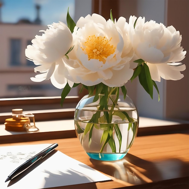 Product Photography Beautiful White Peony Flower Scene On The Desk Sunlight Shines In From