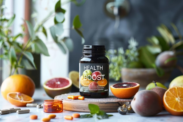 Photo product photography of a bottle of vitamins and supplements with fruits