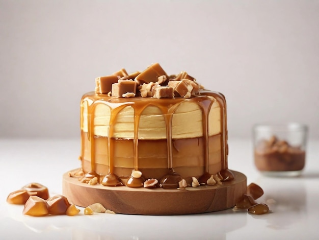 Product Photography of Caramel cake with white background