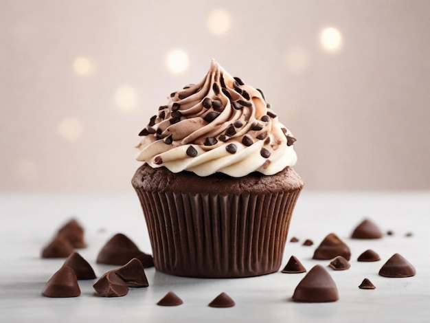 product photography of Chocolate cupcake frosting of chocolate chips with white gradient background