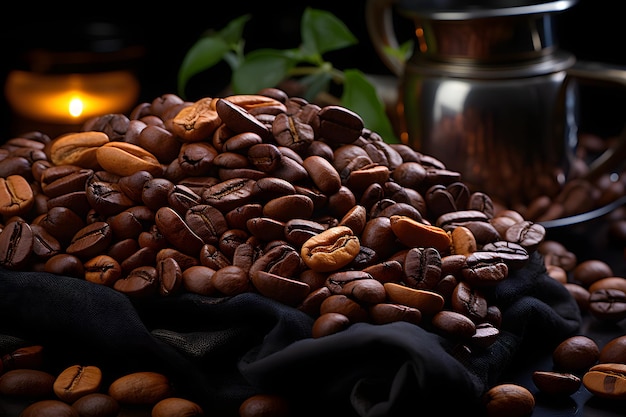 Product photography of coffee beans coffee beans black scattered on black smooth