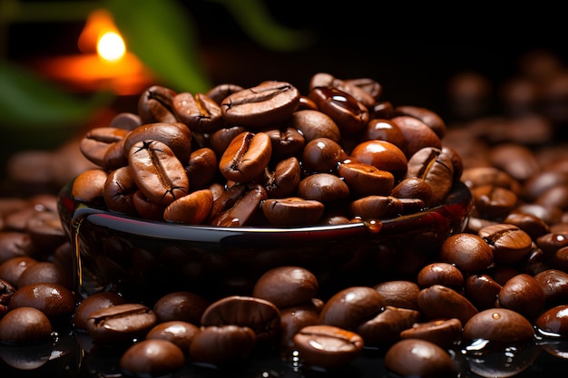 コーヒー豆の商品写真 滑らかな黒の上に黒のコーヒー豆が散りばめられています