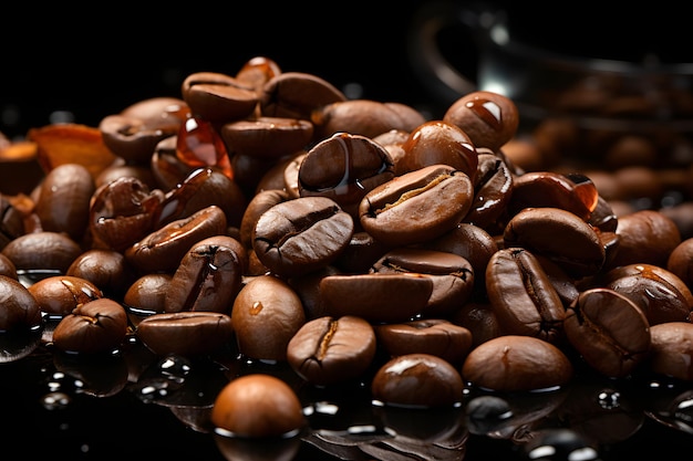 コーヒー豆の商品写真 滑らかな黒の上に黒のコーヒー豆が散りばめられています