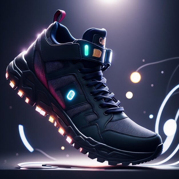 product photography of a cybepunk sneaker epic rendering octane atmosphere particles