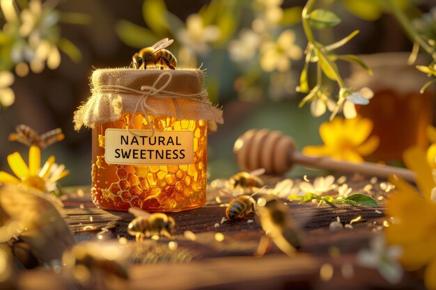 Product photography of a jar of organic honey with honeycomb and bees