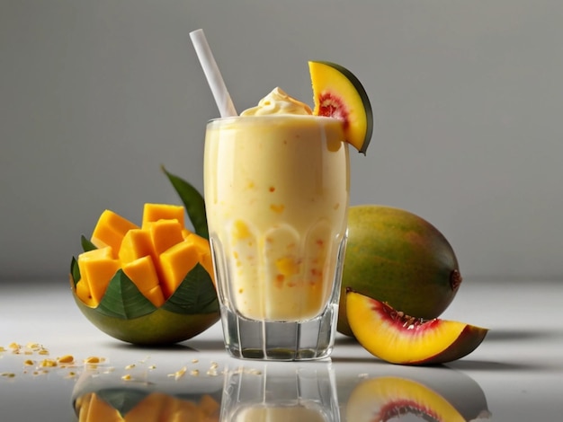 product photography of mango milkshake in glass with white background