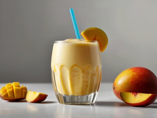 product photography of mango milkshake in glass with white background