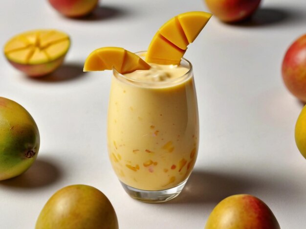 product photography of mango milkshake in glass with white background