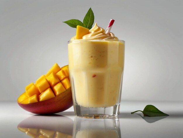 product photography of mango milkshake in glass with white background