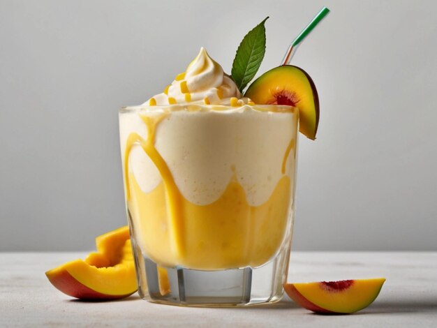 Product photography of mango milkshake with white background