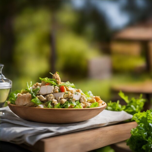 Фото Продуктовая фотография куриного салата на деревянном столе ресторан на заднем плане не в фокусе