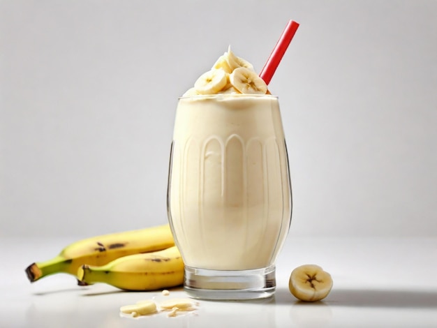 Фото Фотография продукта бананового молочного коктейля в стакане с белым фоном