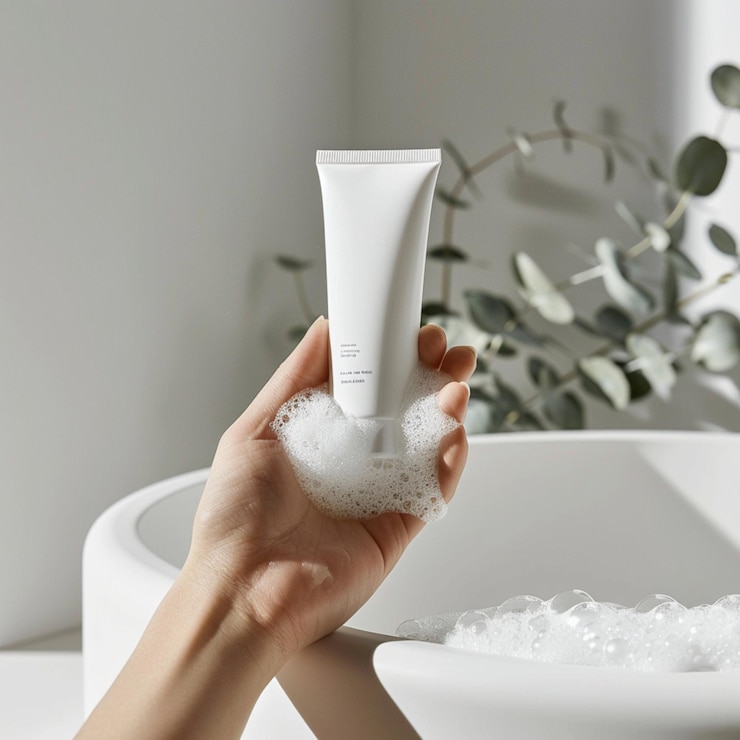 Photo product photography one hand holding a tube of face wash
