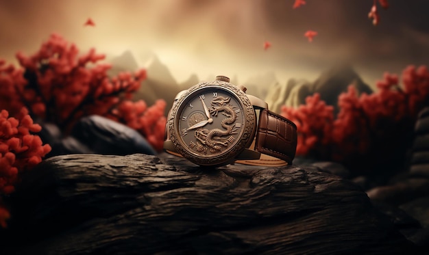 Product photography simple background watch with Chinese landscape carving style