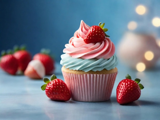 product photography of strawberry cupcake with blue gradient background