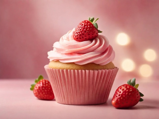 product photography of strawberry cupcake with pink gradient background