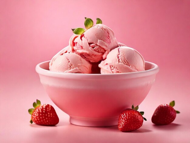 Product Photography of Strawberry Ice Cream in a bowl with pink background