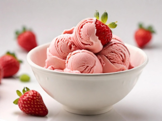 Product Photography of Strawberry Ice Cream in a bowl with White backgorund