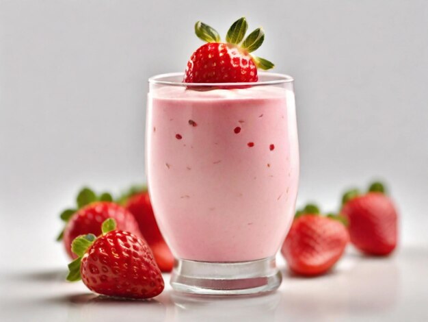 Product photography of Strawberry milkshake in glass white background