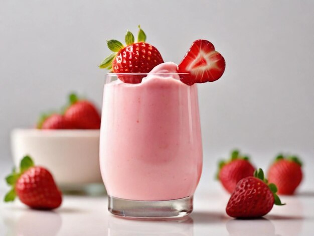 Product photography of Strawberry milkshake in glass white background